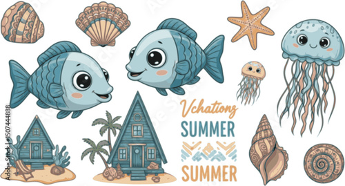 vector set of Cute Sea Illustration ( Fish, Jellyfish, South Country, Vacances, Summer, Patterns, Shells, Ochalet )

