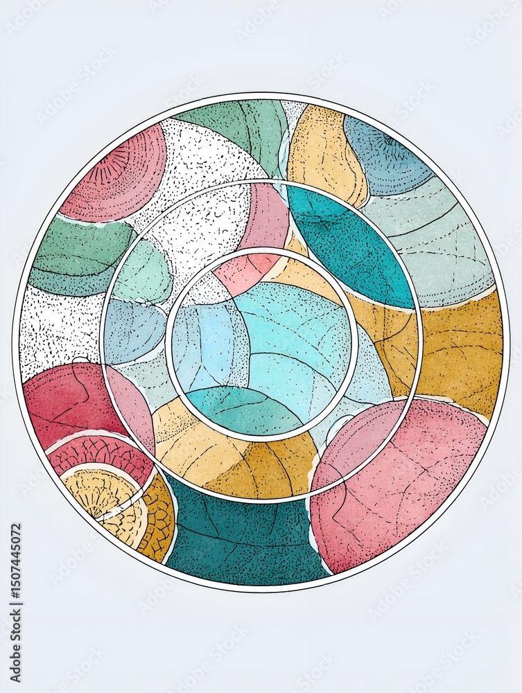 Fototapeta premium Playful geometric summer mandala — abstract circular pattern in pastel retro tones for joyful minimal interiors
