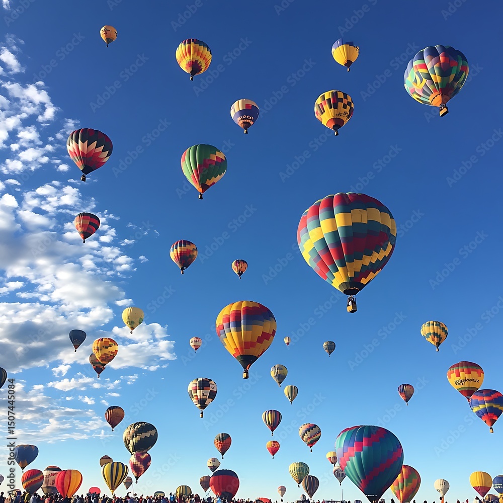 Obraz premium Colorful hot air balloons fill a vibrant blue sky.
