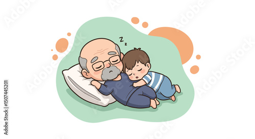 Grandfather and grandson sleeping together peacefully in cozy family moment with pastel background and soft colors 