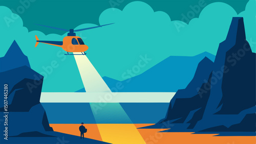 Coastal Search The helicopter is flying over a beach area with its light focused on a person trying to hide near rocky outcrops.