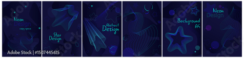 Set of vertical backgrounds A4 format with space for copying. Abstract neon shapes and waves, dotted lines, circles, stars. Bright space design