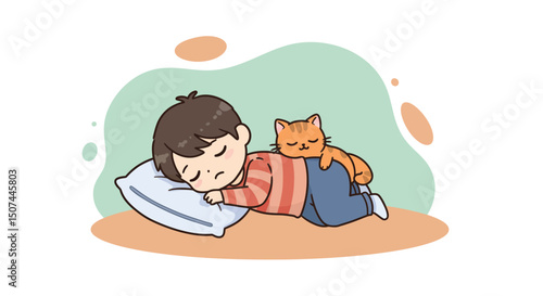 Sleeping boy resting with orange cat on back in cozy environment illustration 