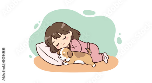 Child sleeping peacefully next to small dog resting on pillow with soft background in cozy setting 