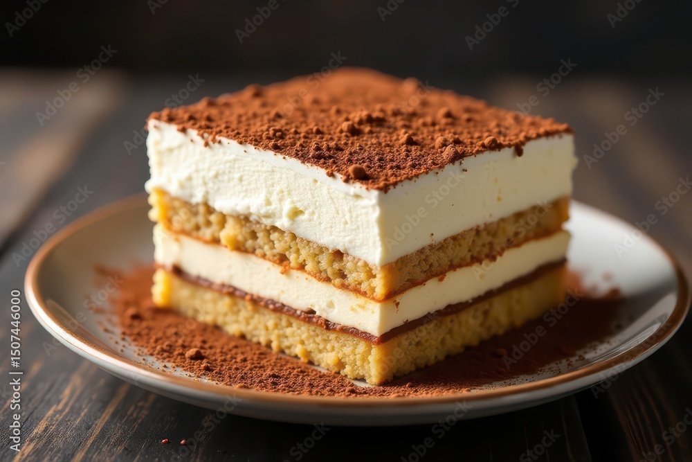 Classic tiramisu dessert, layered texture, cocoa dusting , gourmet, closeup, cake Classic tiramisu dessert, layered texture, cocoa dusting , gourmet, closeup, cake