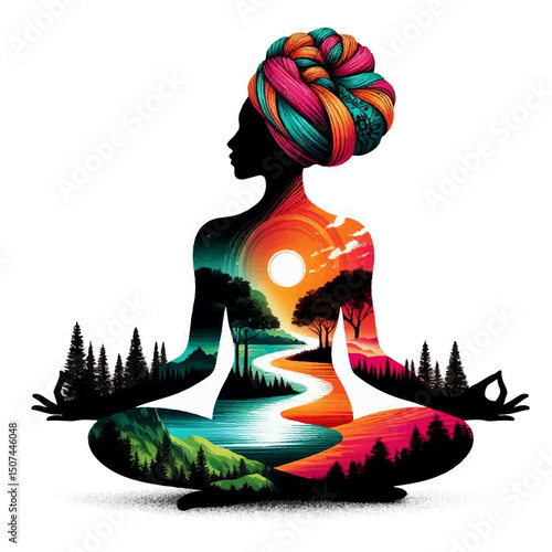 A multicolored silhouette of a meditating girl, inside which the morning and evening forest are depicted, symbolizing harmony in the soul during the day. Inner peace. Vector graphics. EPS.