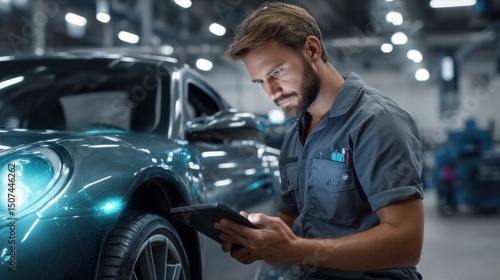 Wallpaper Mural Mechanic Inspecting Car: A focused male mechanic uses a digital tablet to inspect a sleek, dark-colored car in a modern auto repair shop, highlighting automotive technology and expertise.  Torontodigital.ca
