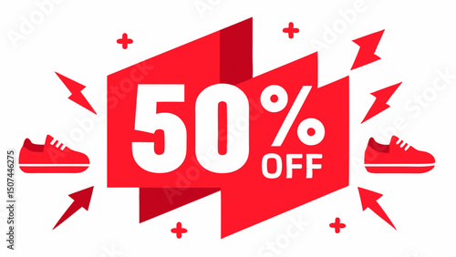 Discount Signs Everywhere A bold red discount sign overhead that reads 50% OFF with arrows pointing toward various shoe displays adding excitement to the scene.