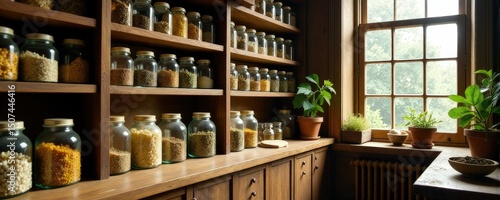 Wallpaper Mural Cozy rustic kitchen with glass jars and indoor plants by sunny window. Torontodigital.ca