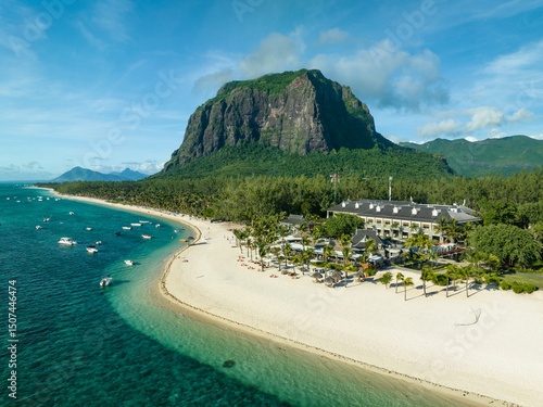 Aerial view: Luxury tropical beach and Le Morne mountain in Mauritius 
