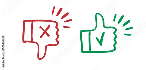 like and dislike hand drawn doodle icons. Thumbs up and thumbs down crayon chalk drawing vector