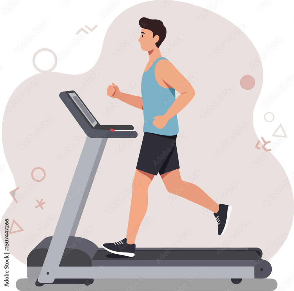 Fototapeta premium Man Running on Treadmill Indoor Gym Workout Fitness Exercise Vector Illustration