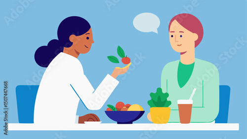 Mindful Eating A serene dining setting where the patient is practicing mindful eating slowly savoring a colorful salad while the nutritionist encourages focus on flavors and