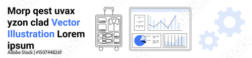 Business suitcase with packed items alongside data analytics dashboard, charts, and gears. Ideal for business travel, data analysis, workflow optimization, corporate planning, IT solutions