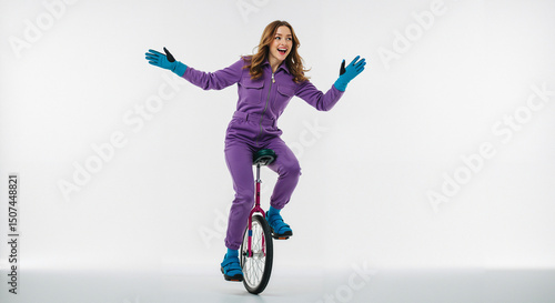 Young woman balancing on unicycle with joyful expression indoors  