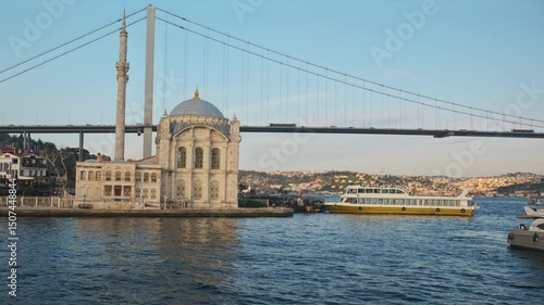 Ortaköy Mosque (Turkish: Ortaköy Camii), in Beşiktaş Istanbul, Turkey on the Bosphorus strait with the Bosphorus Bridge in the background	