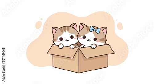 Two adorable kittens sitting inside a cardboard box with one wearing a blue bow cute animal pets illustration 
