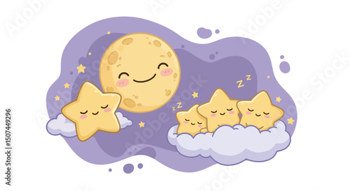Smiling moon and sleeping stars resting on clouds with purple night sky and golden twinkling stars illustration 