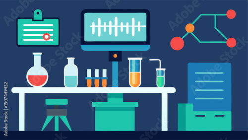 Laboratory Scene An image of a laboratory workbench with equipment for gene editing such as pipettes and petri dishes alongside a digital screen displaying genetic sequences.