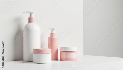 Clean, minimalist white backdrop for cosmetic products, bright, seamless, display