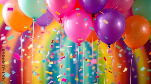Vibrant colorful balloons and confetti celebration