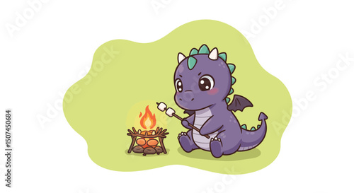 Cute purple baby dragon roasting marshmallow over campfire in green background digital illustration 