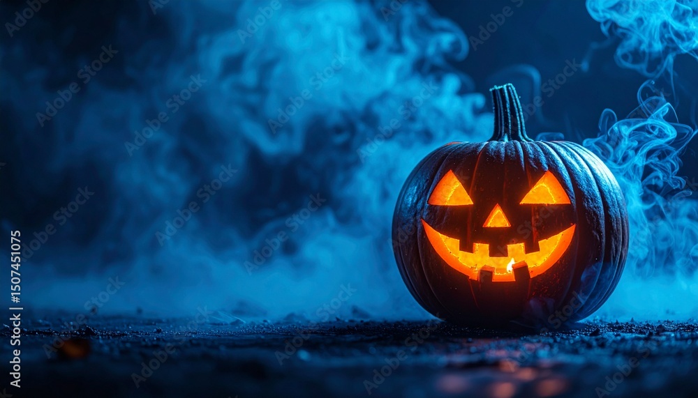 Naklejka premium Halloween pumpkin with glowing face and blue smoke