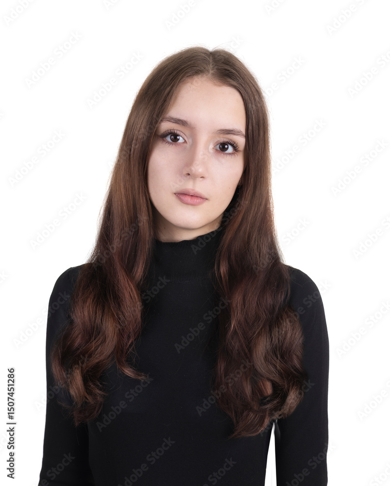 Beautiful young girl portrait isolated on white background. Attractive woman formal style.Long hair lady.Brunette.Student. Beautiful young girl portrait isolated on white background. Attractive woman formal style.Long hair lady.Brunette.Student.