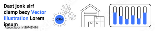 Gear with CRM label, warehouse icon, and test tubes showing fluid levels. Ideal for logistics, inventory, customer management, research, lab processes, system integration simple landing page