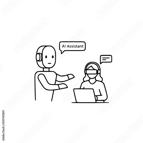 AI assistant helping a person with a laptop, in black and white, for technology websites