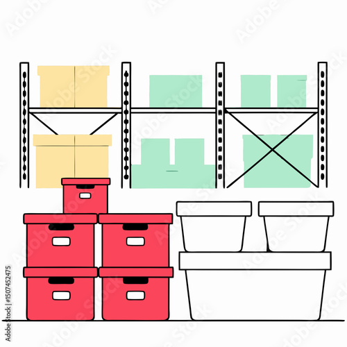 Organized storage shelves with red and white plastic containers stacked neatly, showing efficient home or office storage and decluttering solution in clean style