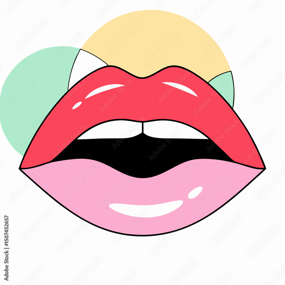 Vector flat illustration of glossy pink lips with an open black mouth, symbolizing beauty, glamour, and modern makeup styles in a minimalist design. Vector flat illustration of glossy pink lips with an open black mouth, symbolizing beauty, glamour, and modern makeup styles in a minimalist design.