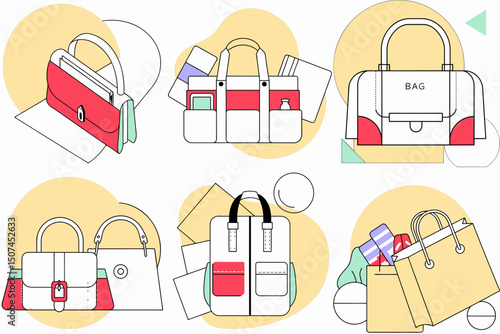 Vector flat illustrations showing different stylish handbags and tote bags in soft pastel tones with simple lines, highlighting fashion accessories and modern design.