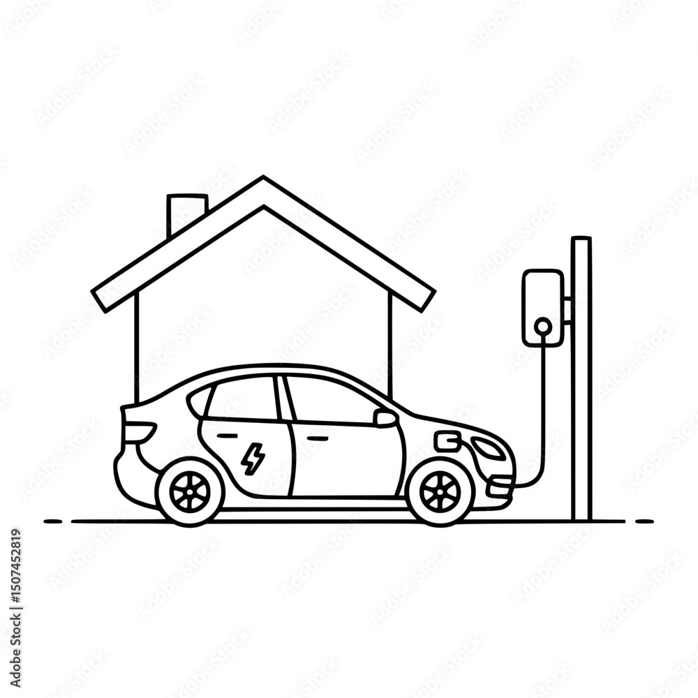 Obraz premium Electric car charging at home, simple line art illustration for websites