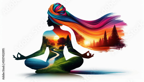A multicolored silhouette of a meditating girl, inside which the morning and evening forest are depicted, symbolizing harmony in the soul during the day. Inner peace. Vector graphics. EPS.