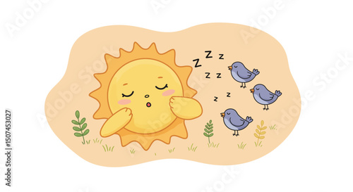 Cartoon sun character sleeping with three small birds and plants in soft pastel colors peaceful scene 