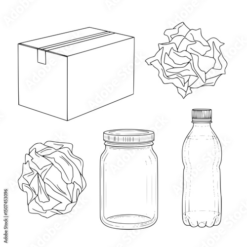 Recycled materials in product packaging, line art style, monochrome, for branding and design