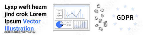 Data dashboard with charts and graphs, coins symbolizing finance, and GDPR compliance concept. Ideal for data privacy, analytics, finance, EU regulation, business insights, compliance simple landing