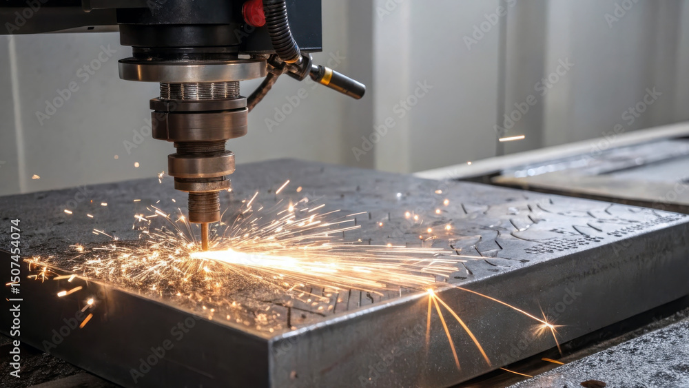Close-up of CNC machine cutting steel block with sparks. Generative AI. Close-up of CNC machine cutting steel block with sparks. Generative AI.