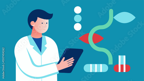 Medication Adjustment A doctor adjusting a dosage on a tablet with a graphic of a DNA strand in the background indicating personalized medication strategies based on genetic