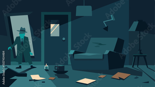 Background Elements A dimly lit room with furniture in disarray emphasizing the chaotic scene while the detective focuses on the wall.