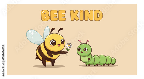 Cute bee giving flower to green caterpillar with bee kind message in warm colors illustration 