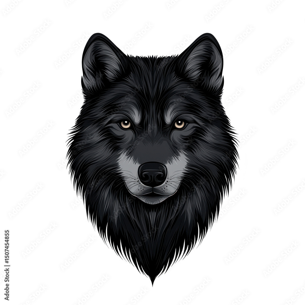 Fototapeta premium Detailed illustration of black wolf face, showcasing its piercing eyes and intricate fur texture, set against plain background. artwork captures mysterious and powerful essence of wolf