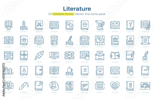 Literature line icon pack. Literature Stroke icon set. Editable Stroke icon