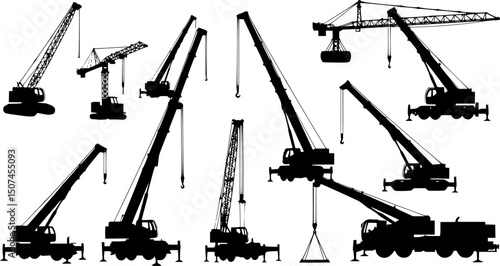 Mobile construction crane silhouettes
