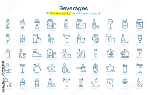 Beverages line icon pack. Beverages Stroke icon set. Editable Stroke icon