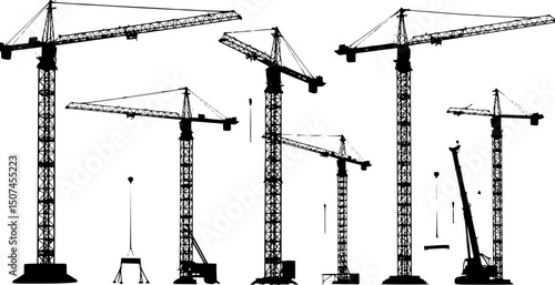 Mobile construction crane silhouettes
