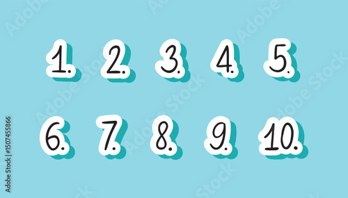 Colorful doodle number stickers checklist numbering. Cute list hand written numbers with dots. numbers font set isolated on white background.