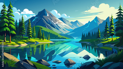 Calm serene lakeside wilderness showcases crystal clear water perfectly reflecting lush green trees and majestic mountains beneath a bright expansive blue sky, inspiring peaceful tranquility and natur