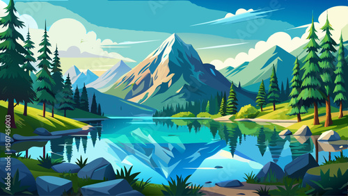 Calm serene lakeside wilderness showcases crystal clear water perfectly reflecting lush green trees and majestic mountains beneath a bright expansive blue sky, inspiring peaceful tranquility and natur